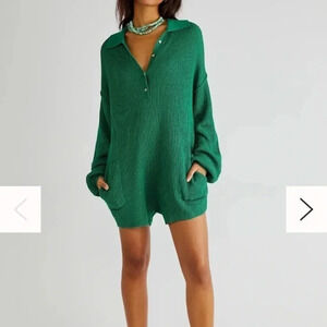 New Free People Picnic Sweater Romper Green Knit Long Sleeve Henley One Piece